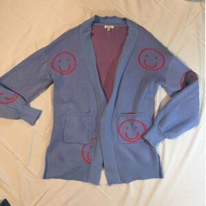 White Birch Smiley Face Cardigan L/XL Blue Pink Open Front Sweater Pockets